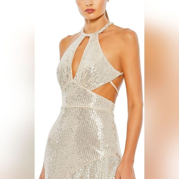 Mac Duggal 11274 Sequined Halter Cut Out Ruffle Asymmetrical Dress NWT sz 6 Nude - Picture 3 of 6